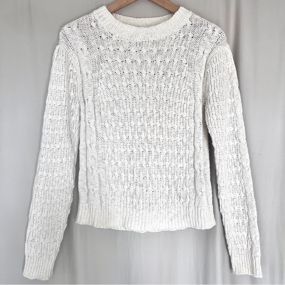 Ivory Linen & Cotton Cable Knit Summer Sweater XS Coastal Minimalist